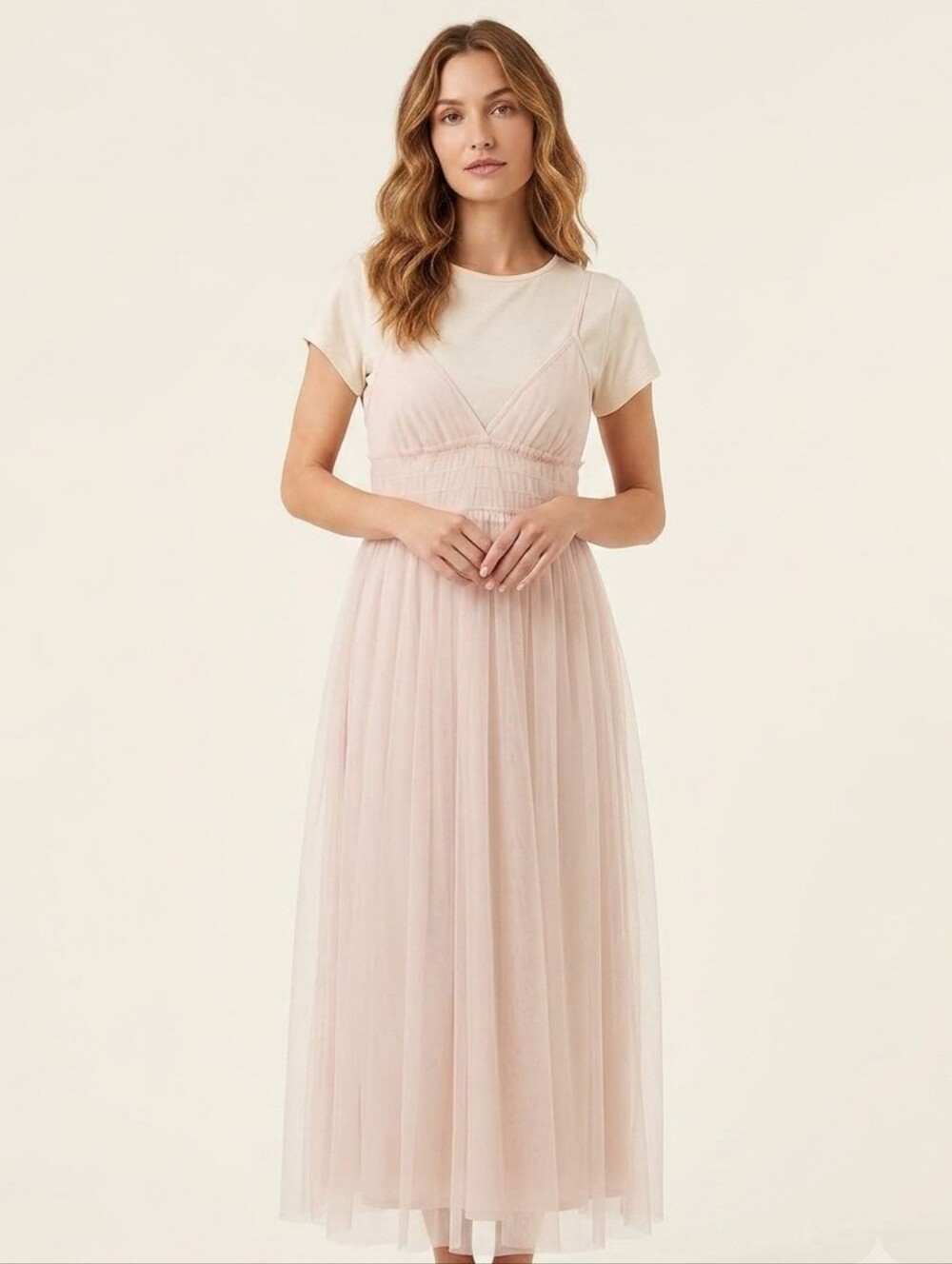 πΈ LC Lauren Conrad Sheer Cream Midi Tshirt Tulle Dress M - Picture 1 of 16